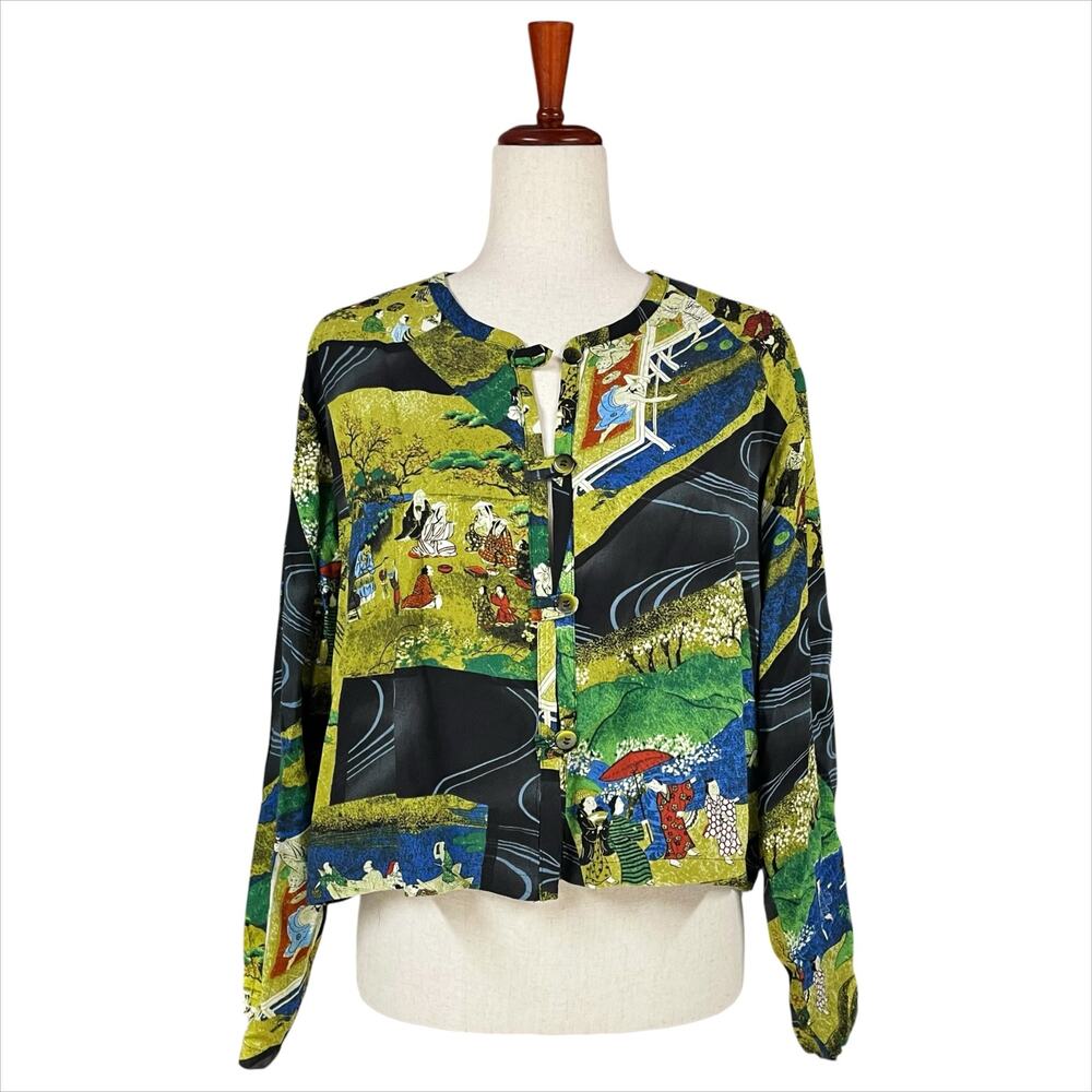 JAMS WORLD Lightweight Crop Jacket in Japanese Picnic Print Size M Black Green